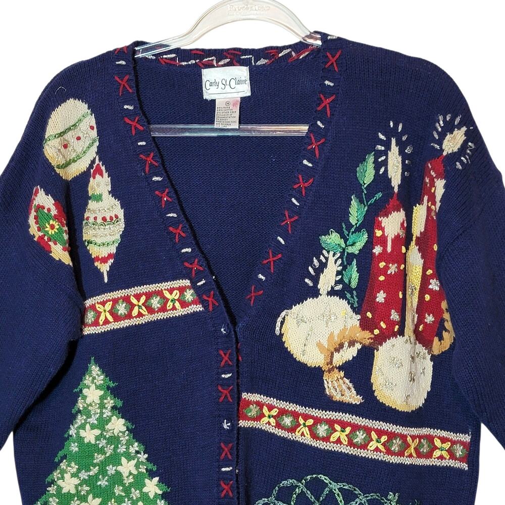 Vintage Carly St Claire Embroidered Christmas Cardigan Sweater Blue Red M Retro - Picture 2 of 11